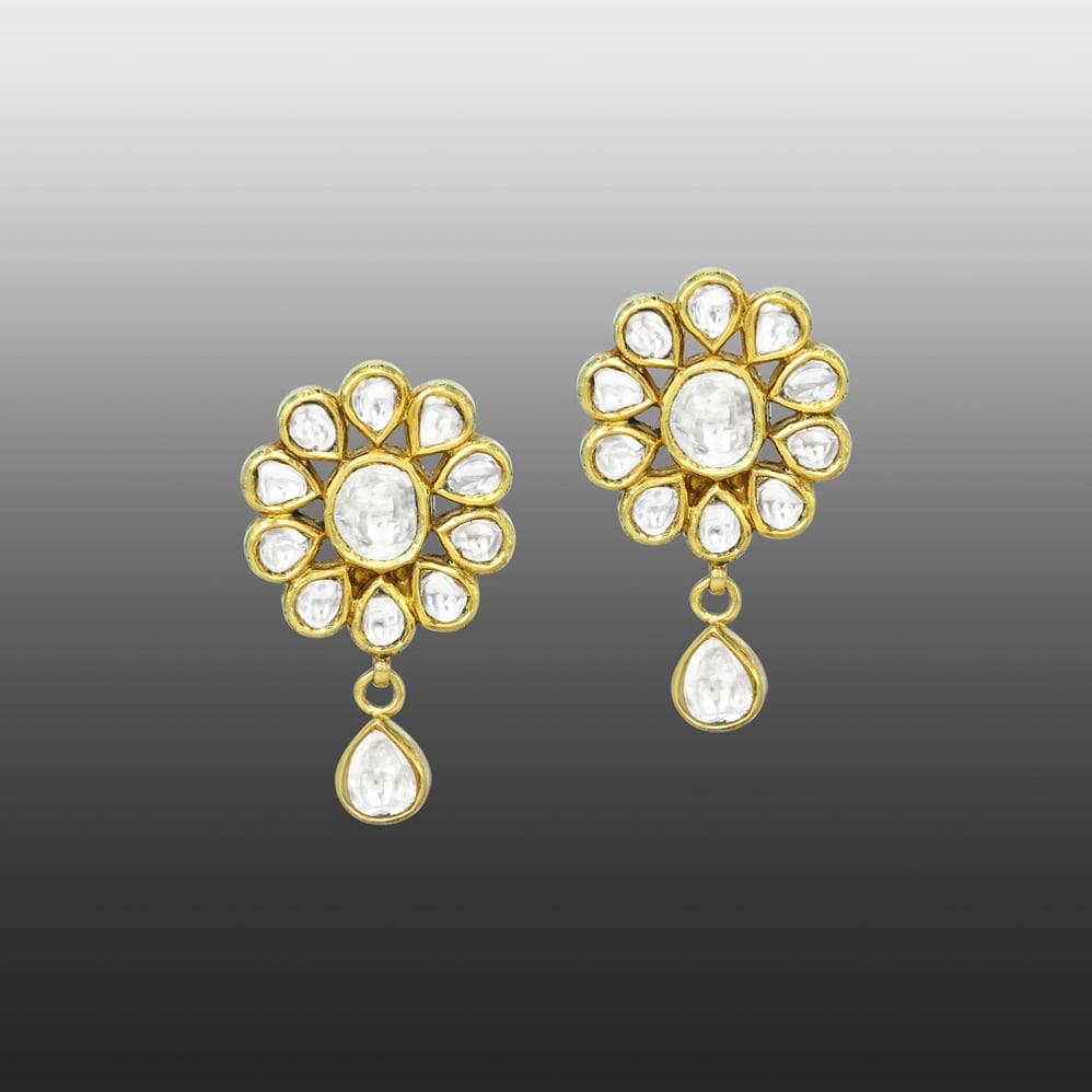 Floral Polki Earrings with Teardrop Dangling